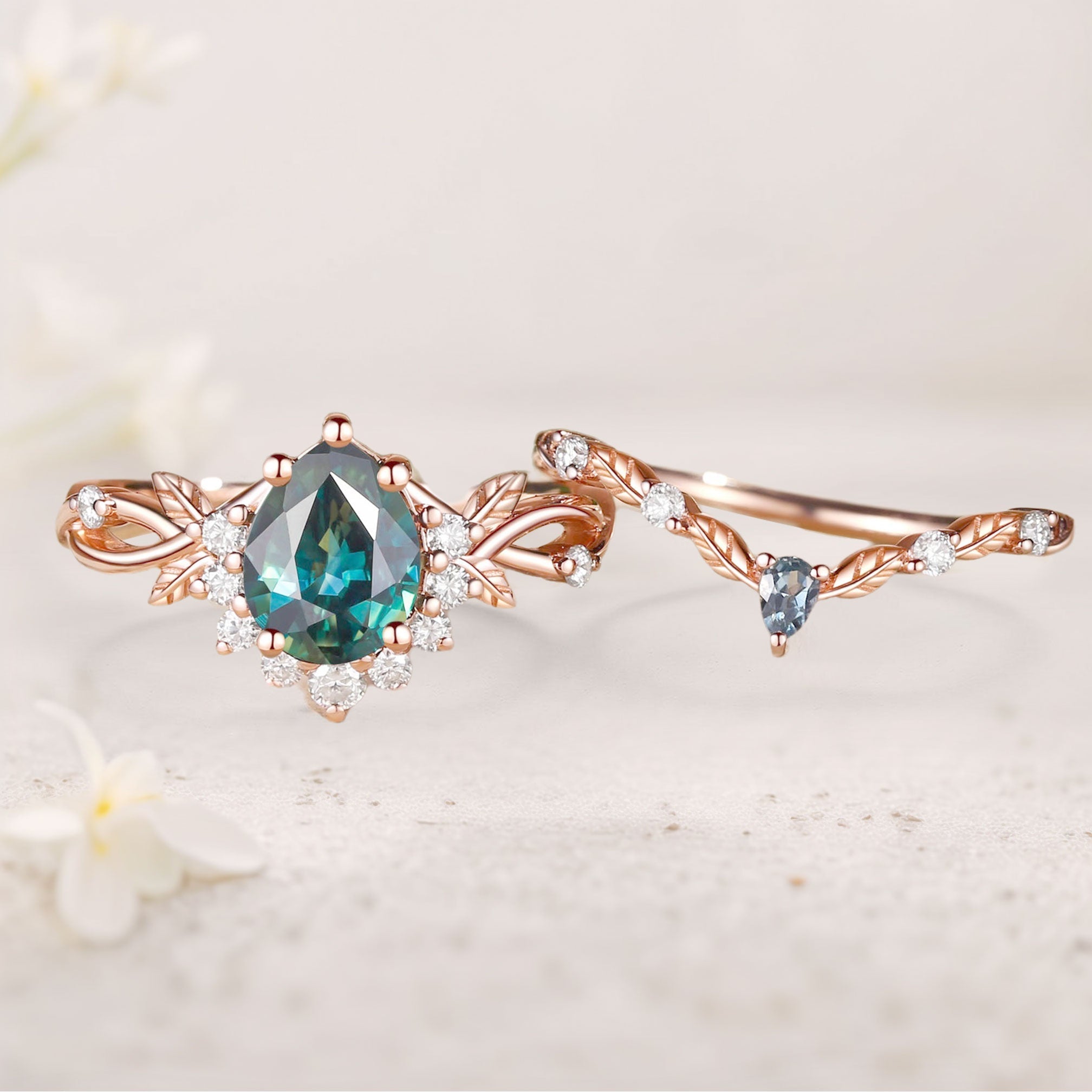 Vintage floral engagement rings Pear Green Lab Sapphire 18K Yellow Gold Engagement Ring Set