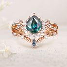 Vintage floral engagement rings Pear Green Lab Sapphire 18K Yellow Gold Engagement Ring Set