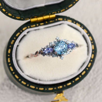 Unique Briar Rose Three Stone Round Lab Aquamarine and Tanzanite Ring