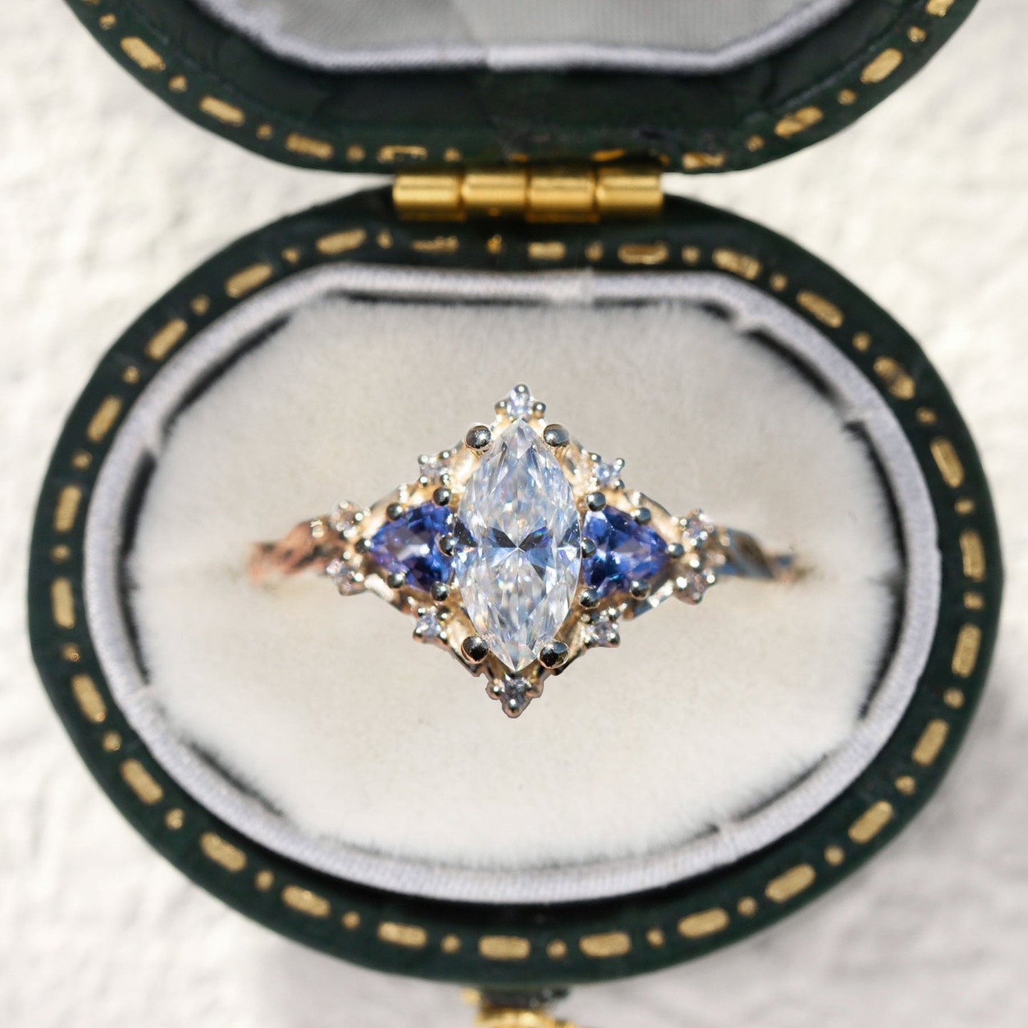 Unique Briar Rose Marquise Moissanite and Lab Sapphire Ring