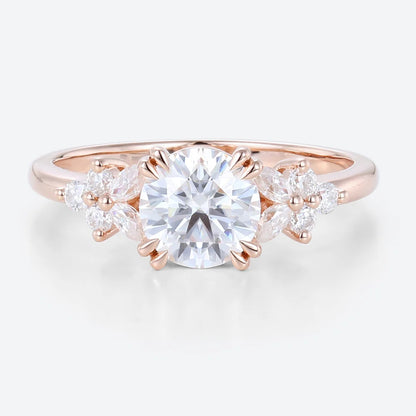 Unique Round Moissanite Floral Cluster Engagement Rings Double Prong Bridal Ring