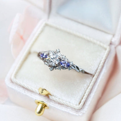 Uniqueo Floral Rose Three Stone Round Moissanite Ring