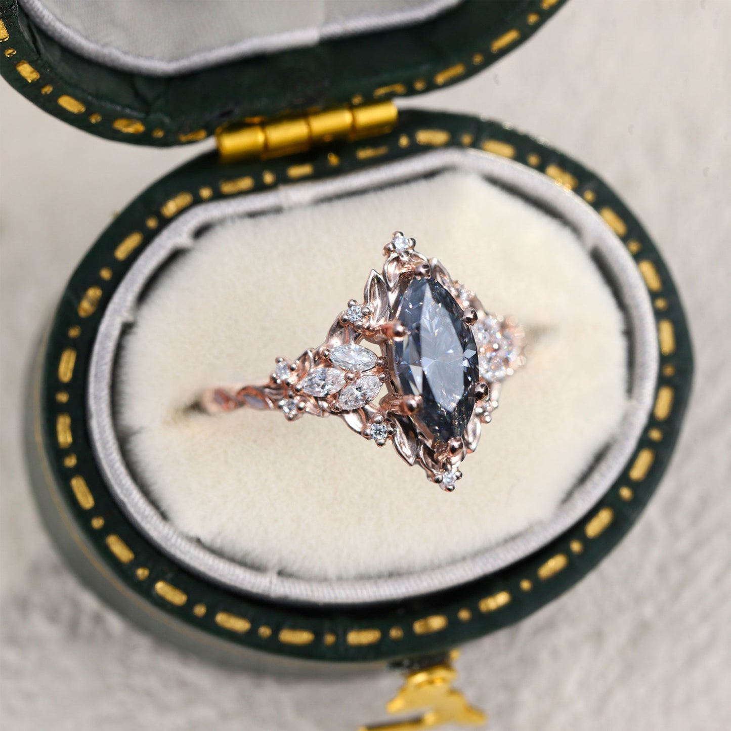 Unique Briar Rose Starlight Marquise Grey Moissanite Ring