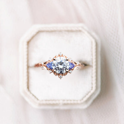 Unique Floral Rose Three Stone Round Moissanite Ring