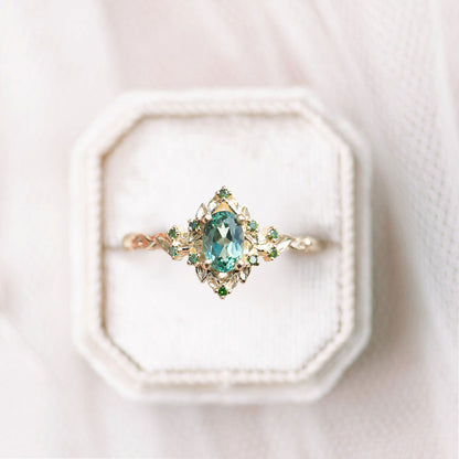 Unique Floral Rose Halo Oval Green Lab Sapphire Ring