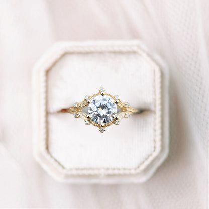 Unique Woodland Solitaire Round Moissanite Ring