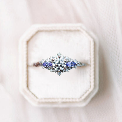 Uniqueo Floral Rose Three Stone Round Moissanite Ring