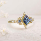 Unique Kite Three Stone Lab Alexandrite 18K Yellow Gold Leaf Ring