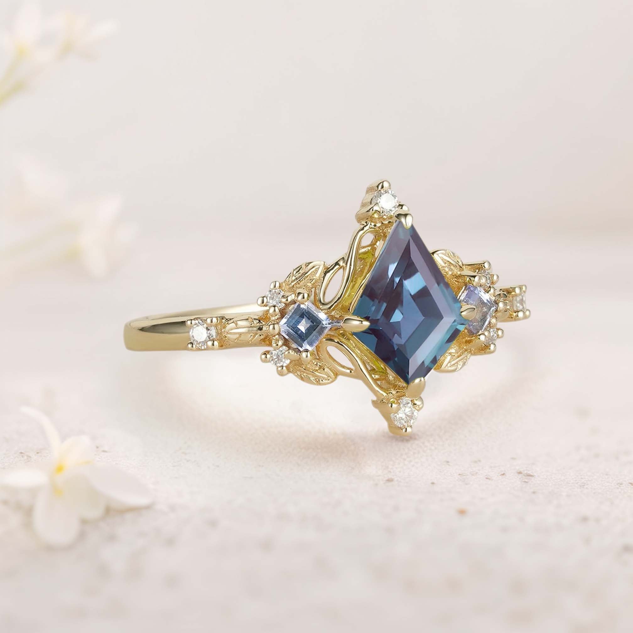 Unique Kite Three Stone Lab Alexandrite 18K Yellow Gold Leaf Ring