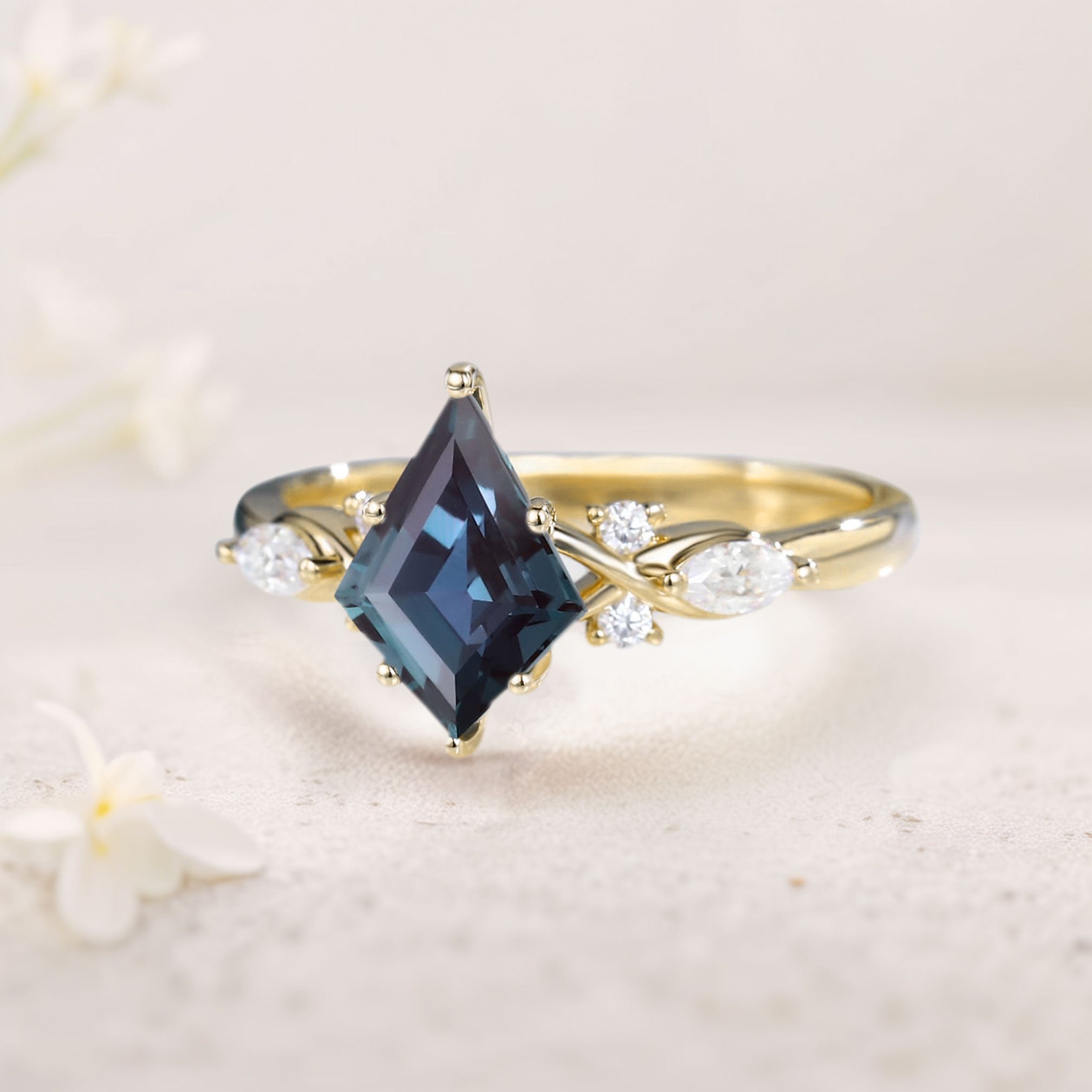 Unique Kite Lab Alexandrite 18K Rose Gold Engagement Ring Twisted Bridal Ring