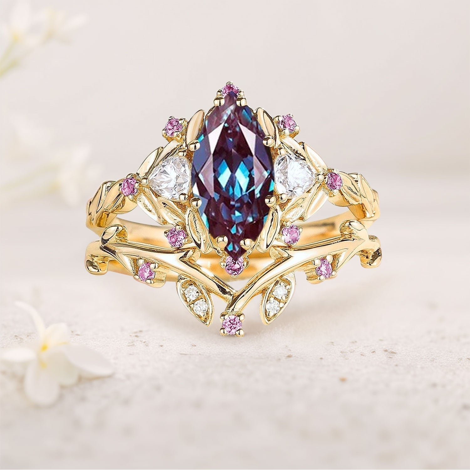 Unique Flower Engagement Ring Marquise Lab Alexandrite Vintage Pink Sapphire Leaf 18K Yellow Gold Wedding Ring Bridal Ring Set