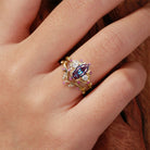 Unique Flower Engagement Ring Marquise Lab Alexandrite Vintage Pink Sapphire Leaf 18K Yellow Gold Wedding Ring Bridal Ring Set