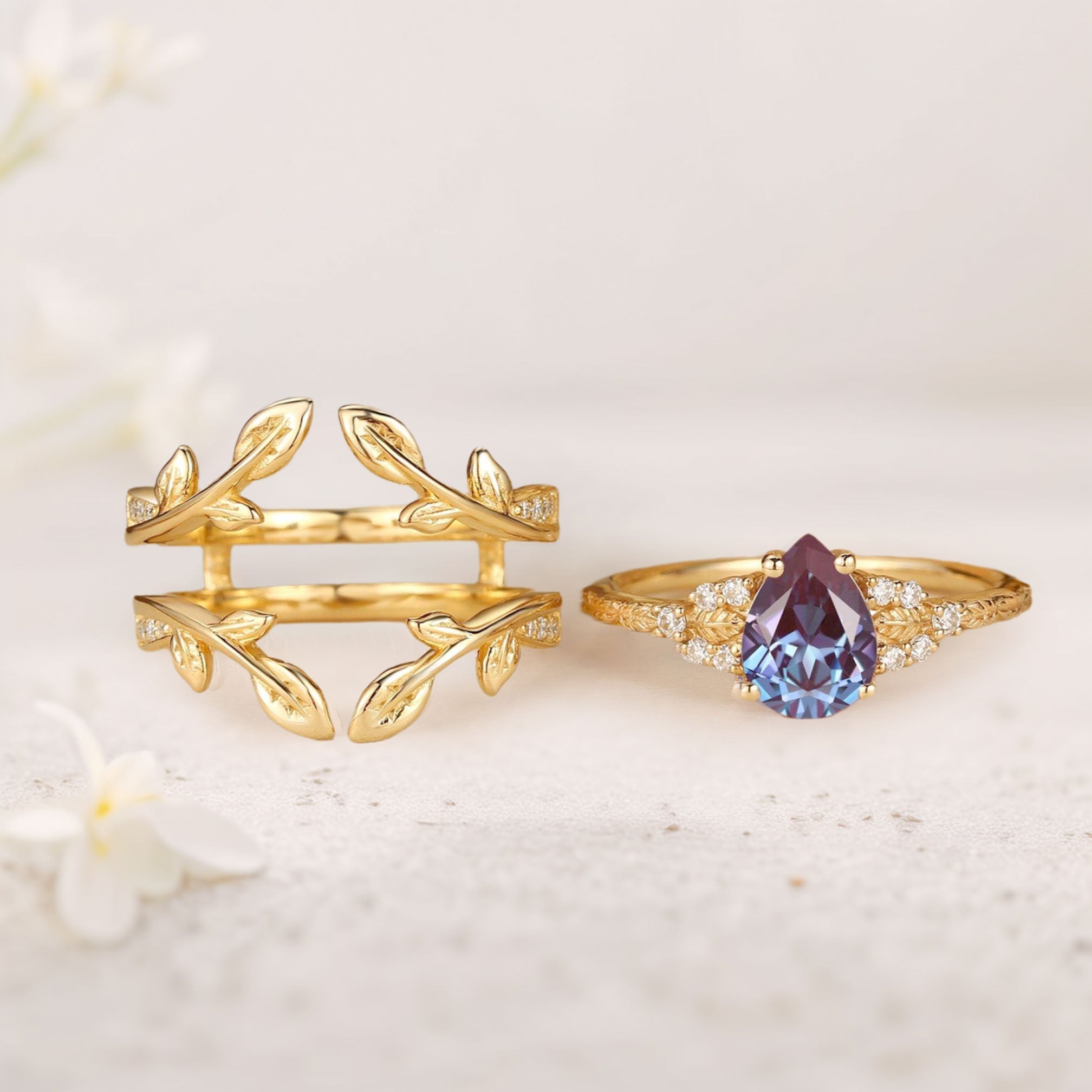 Unique floral engagement rings Pear Lab Alexandrite  18K Yellow Gold Double Curved Ring Set
