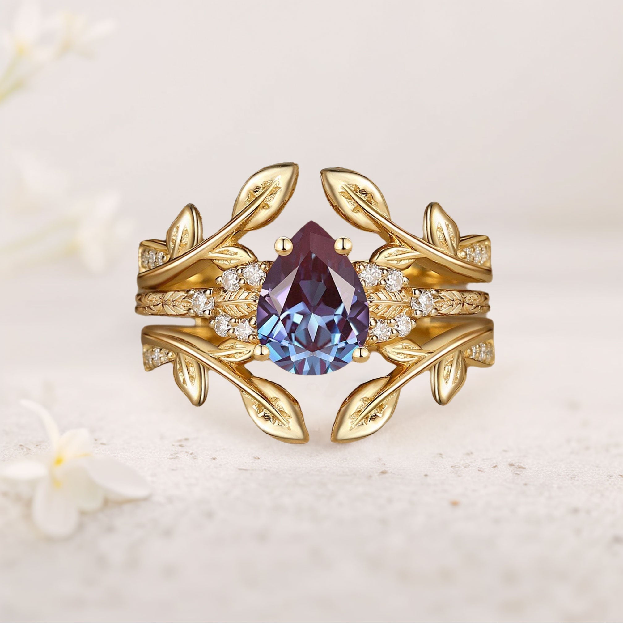 Unique floral engagement rings Pear Lab Alexandrite  18K Yellow Gold Double Curved Ring Set