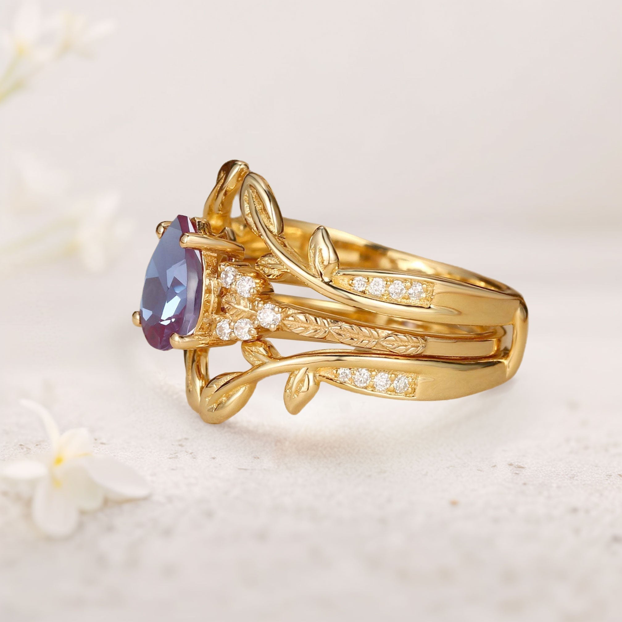 Unique floral engagement rings Pear Lab Alexandrite  18K Yellow Gold Double Curved Ring Set