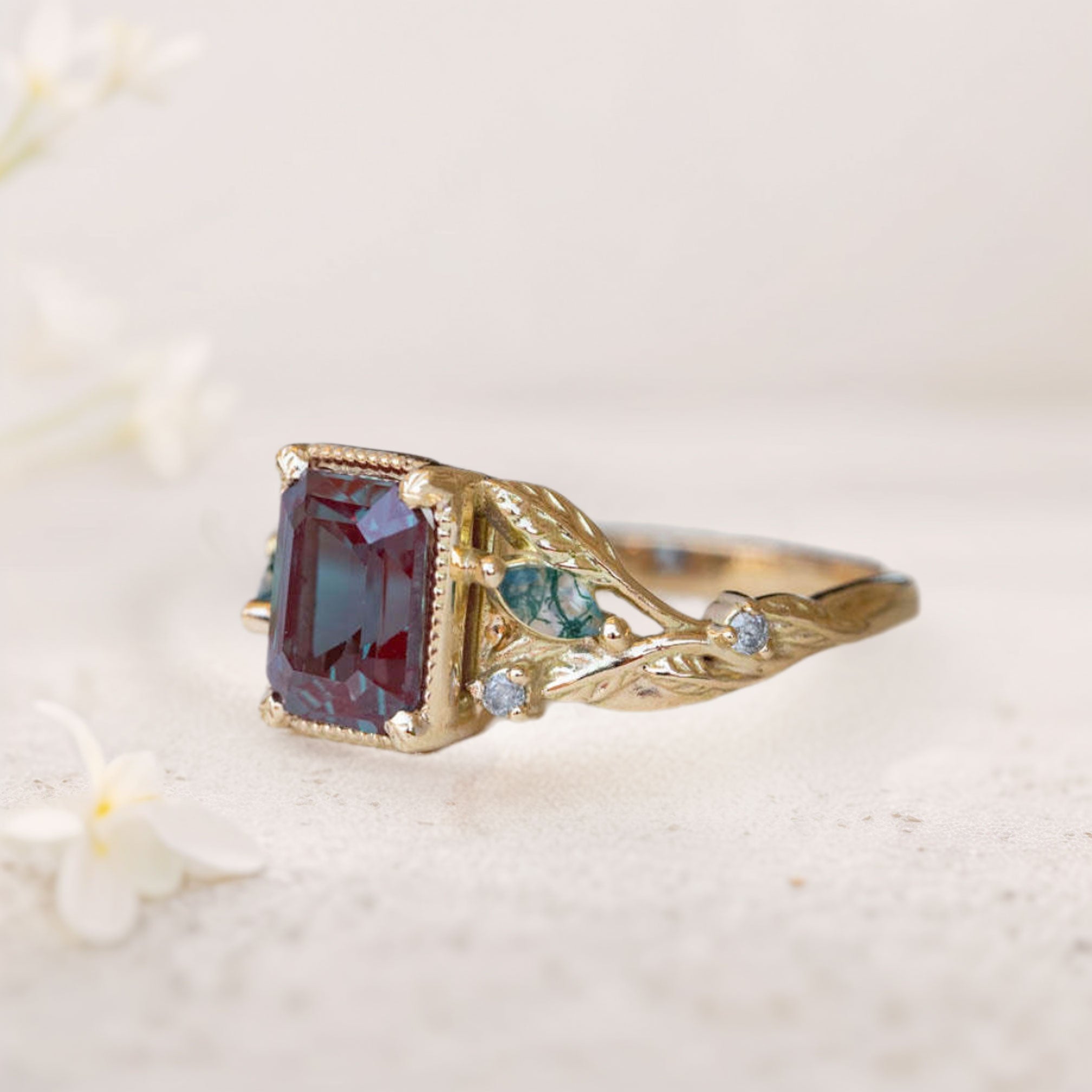 Vintage floral engagement rings Emerald cut Lab Alexandrite 18K Yellow Gold Engagement ring Promise ring