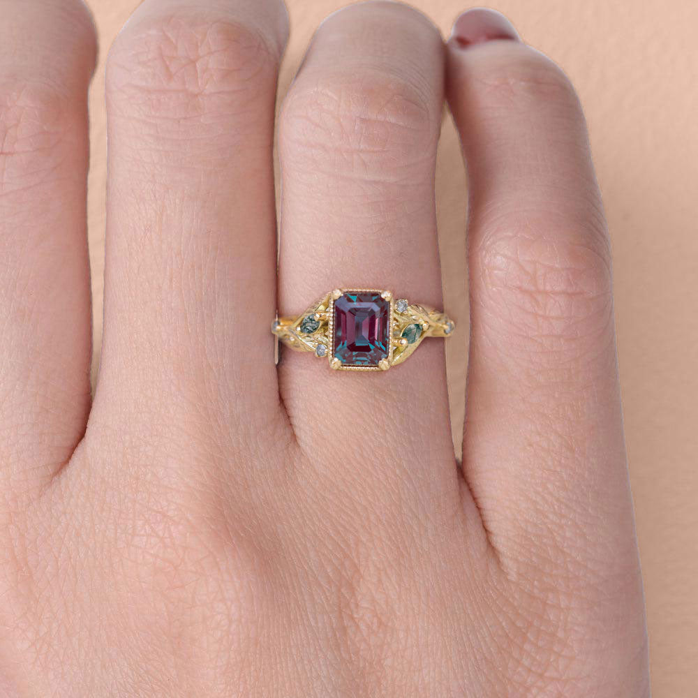 Vintage floral engagement rings Emerald cut Lab Alexandrite 18K Yellow Gold Engagement ring Promise ring