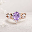 Vintage Oval Amethyst and Moissanite Curved 18K Rose Gold Wedding Ring Set Bridal Ring Set
