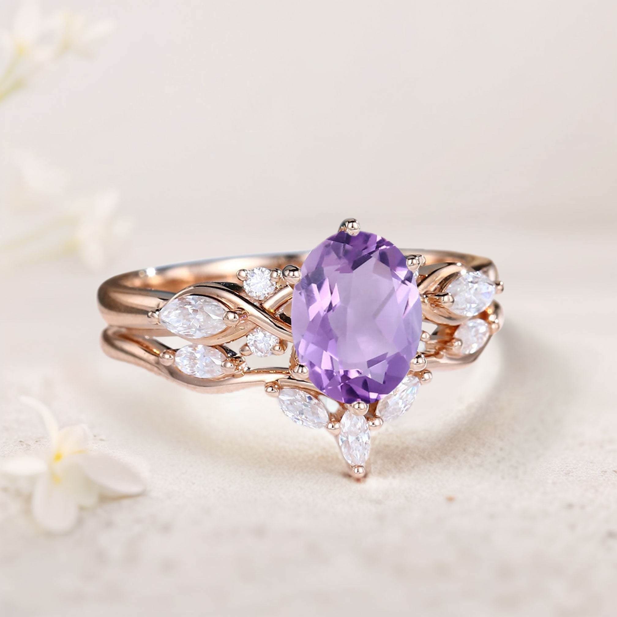 Vintage Oval Amethyst and Moissanite Curved 18K Rose Gold Wedding Ring Set Bridal Ring Set