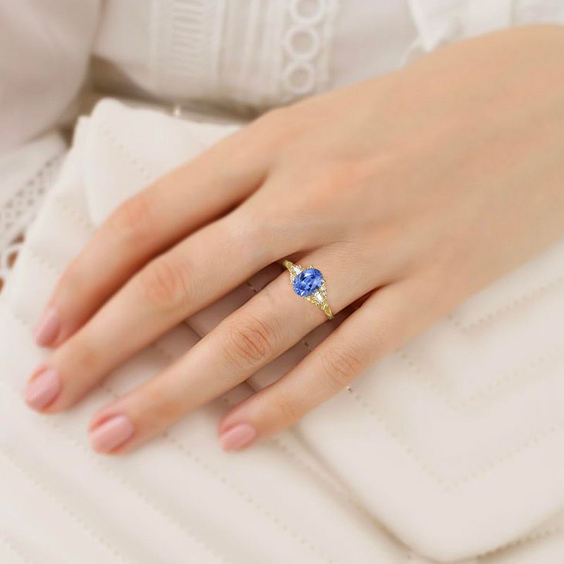 Unique Oval Lab Sapphire and Moissanite 18K Yellow Gold Wedding Ring