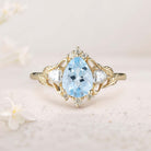 Unique floral engagement rings Pear Lab Aquamarine and Moissanite side stones Leaf Ring 18K Yellow Gold Engagement Ring