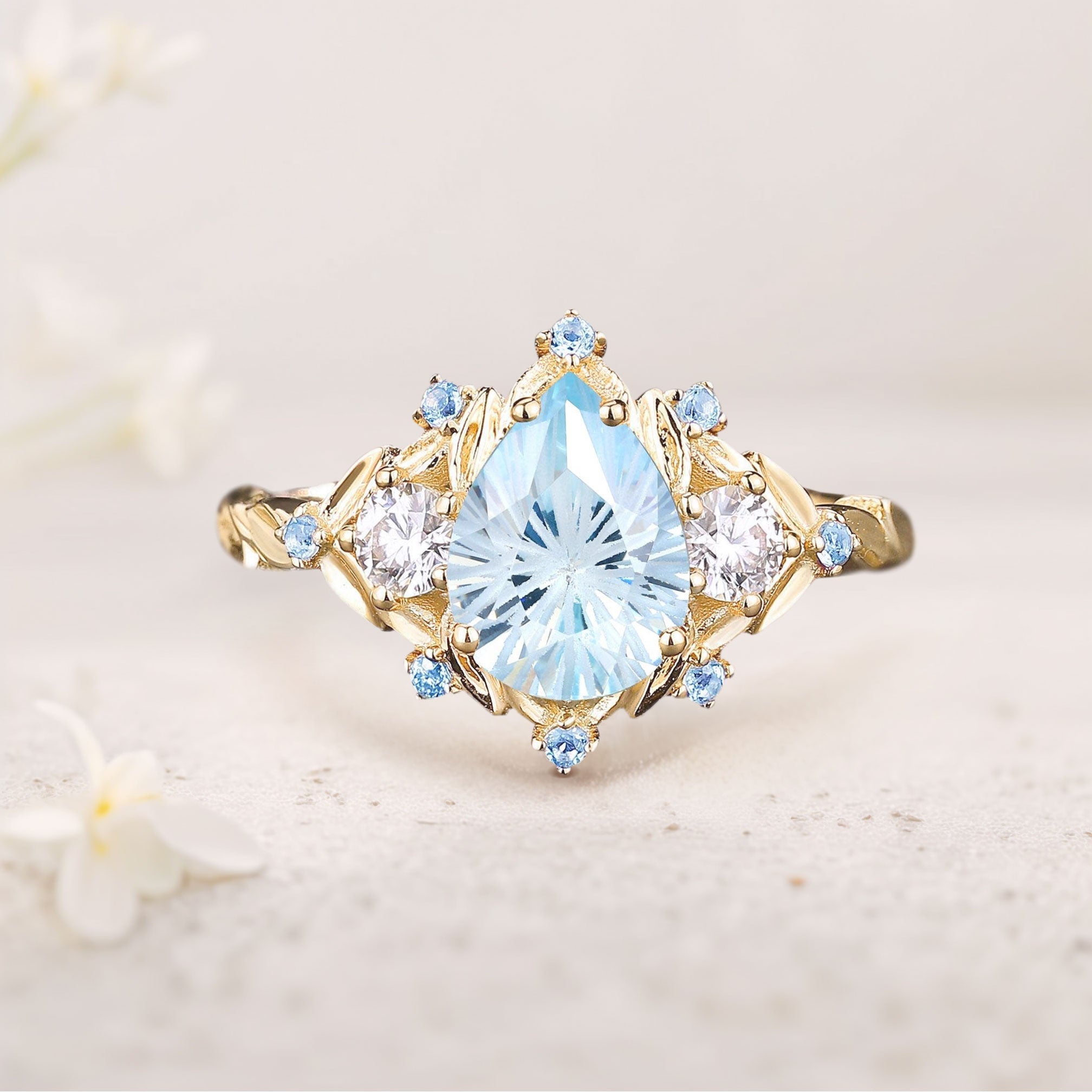 Unique Pear Lab Aquamarine Cluster Leaf 18K Yellow Gold Wedding Ring Handmade Anniversary Ring Gift For Women