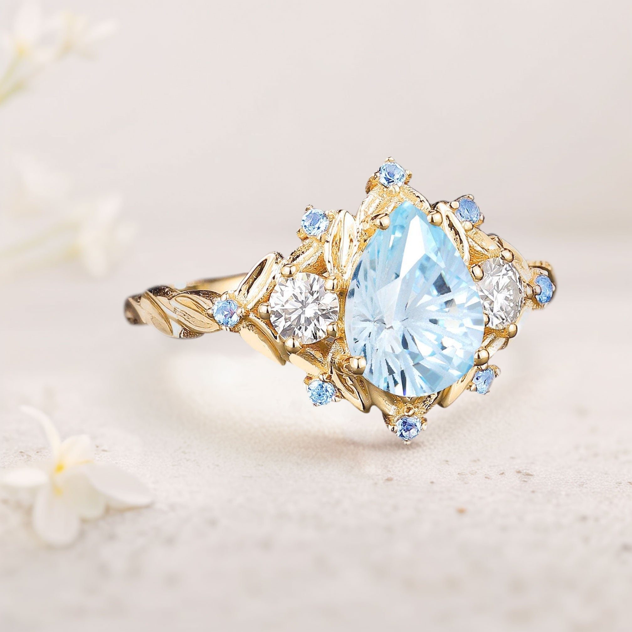 Unique Pear Lab Aquamarine Cluster Leaf 18K Yellow Gold Wedding Ring Handmade Anniversary Ring Gift For Women