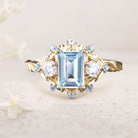 Unique floral engagement rings Lab Aquamarine Leaf 18K Yellow Gold Engagement Ring Promise Ring