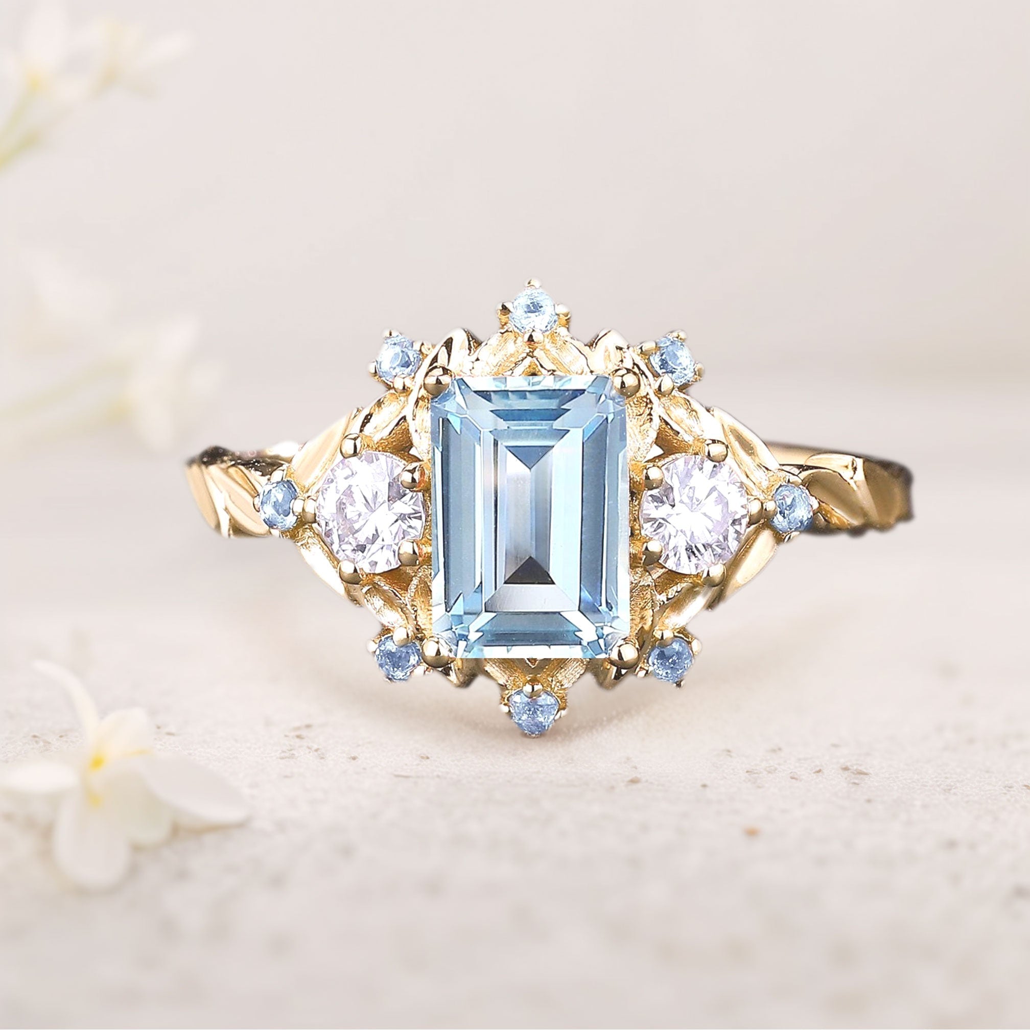 Unique floral engagement rings Lab Aquamarine Leaf 18K Yellow Gold Engagement Ring Promise Ring