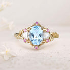 Unique Three Stone Oval Lab Aquamarine 18K Yellow Gold Engagement Ring
