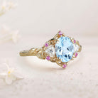 Unique Three Stone Oval Lab Aquamarine 18K Yellow Gold Engagement Ring