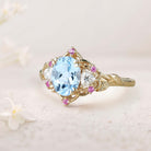 Unique Three Stone Oval Lab Aquamarine 18K Yellow Gold Engagement Ring