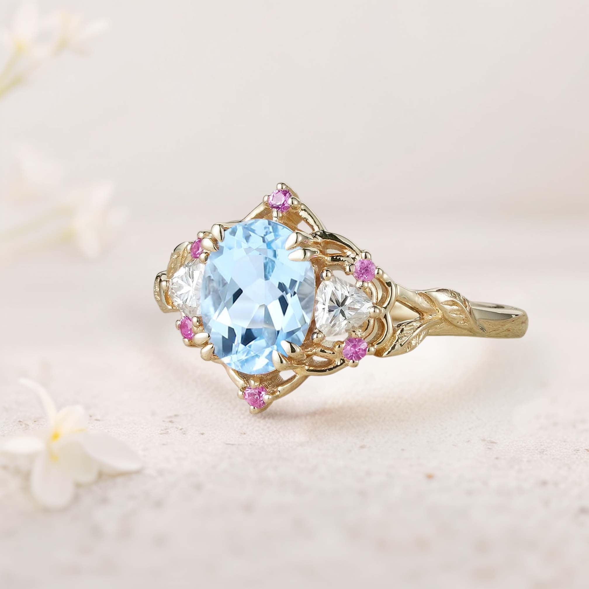 Unique Three Stone Oval Lab Aquamarine 18K Yellow Gold Engagement Ring