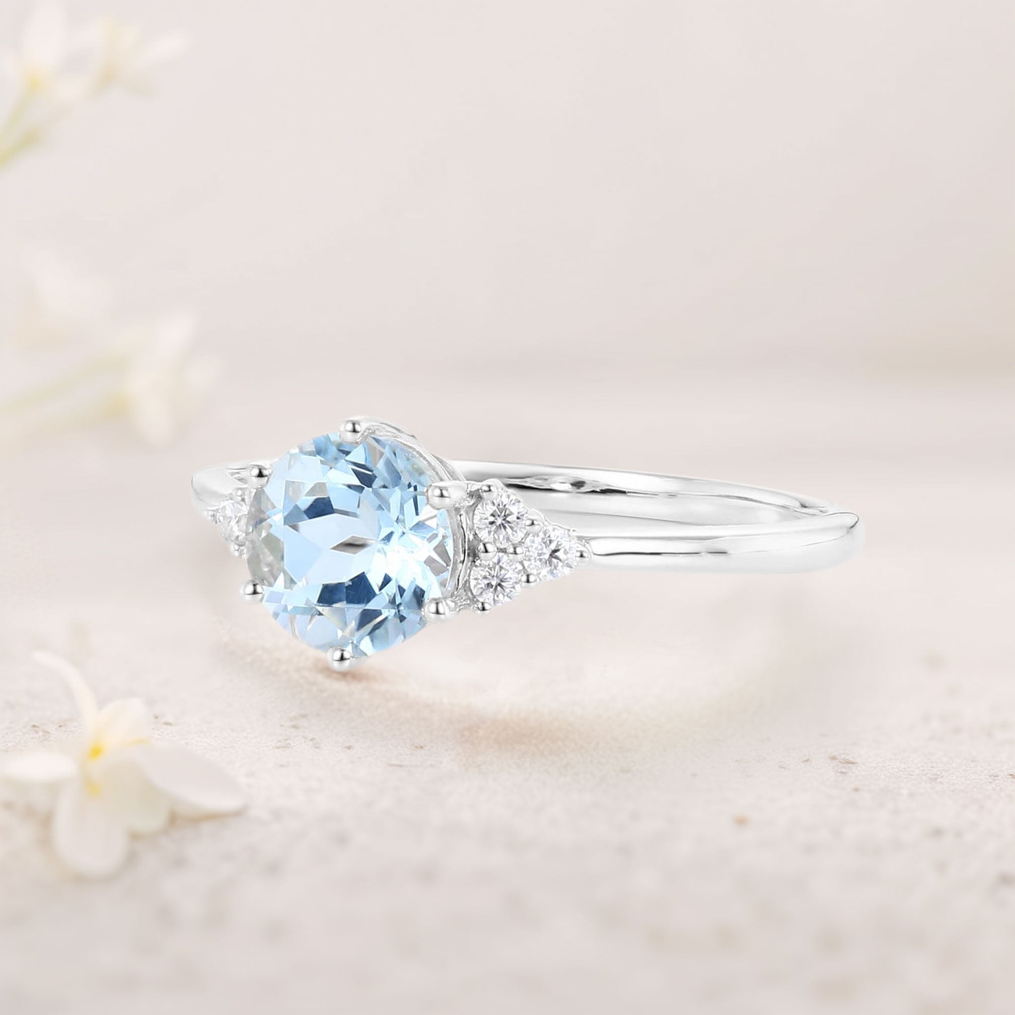 Unique Round Lab Aquamarine 18K White Gold Engagement Rings Cluster Promise Ring