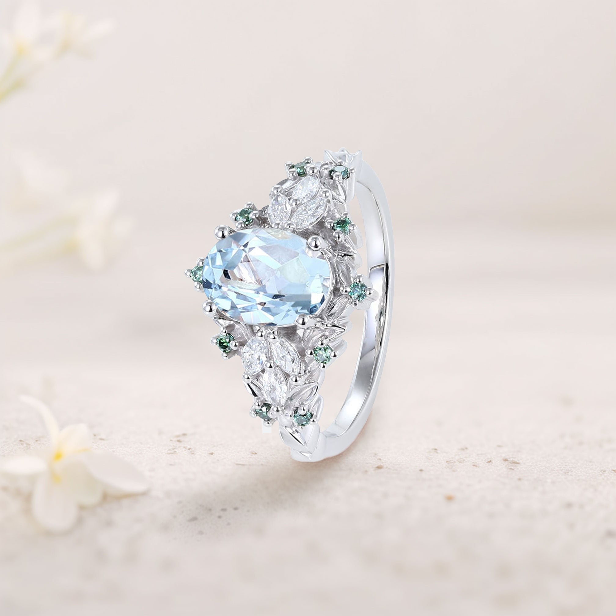 Unique Starlight Oval Lab Aquamarine 18K White Gold Engagement Ring