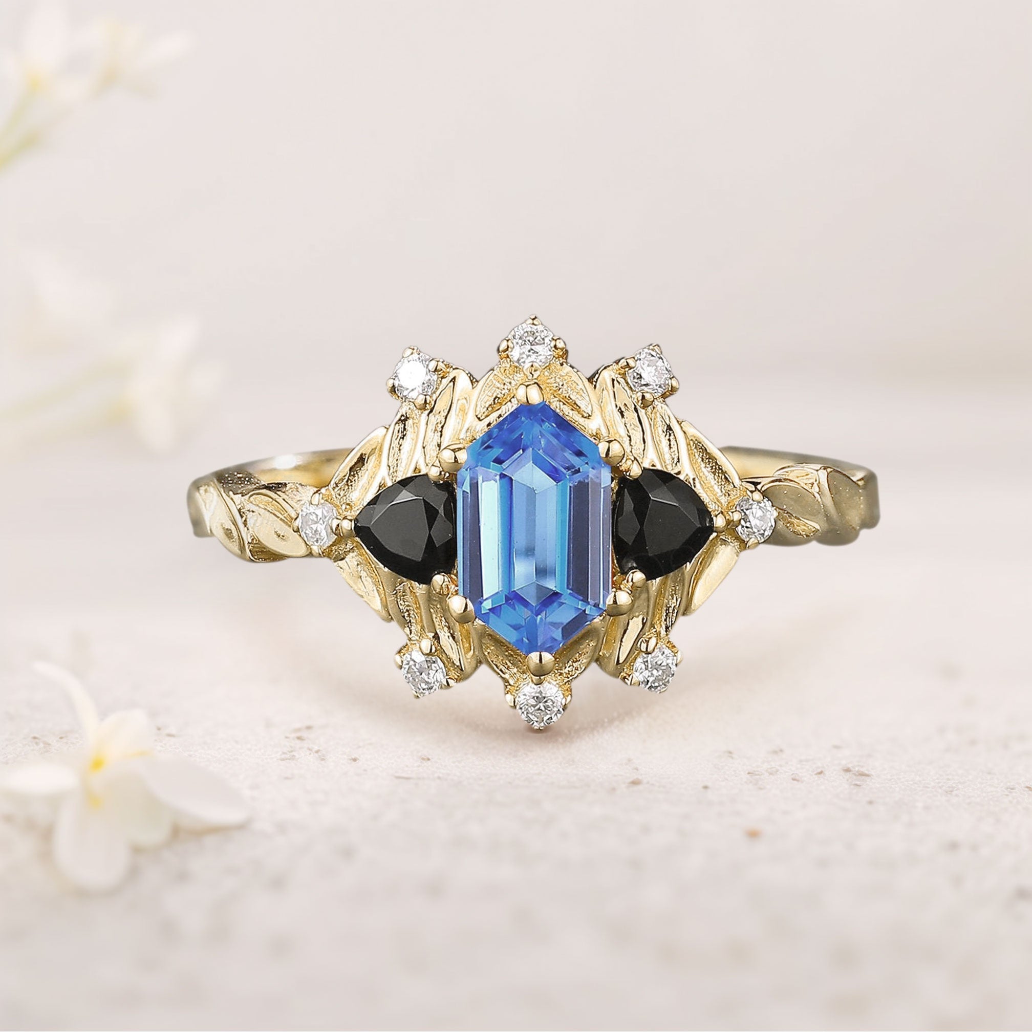 Unique Long Hexagon Lab Sapphire and Black Onyx Leaf 18K Yellow Gold Engagement Ring  Wedding Ring for Women