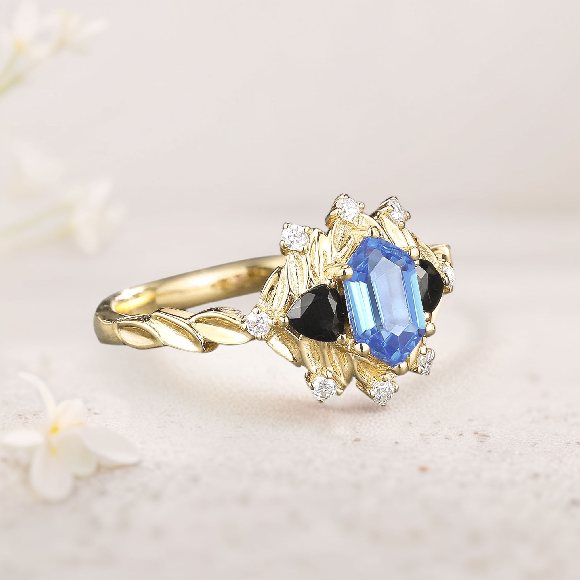 Unique Long Hexagon Lab Sapphire and Black Onyx Leaf 18K Yellow Gold Engagement Ring  Wedding Ring for Women