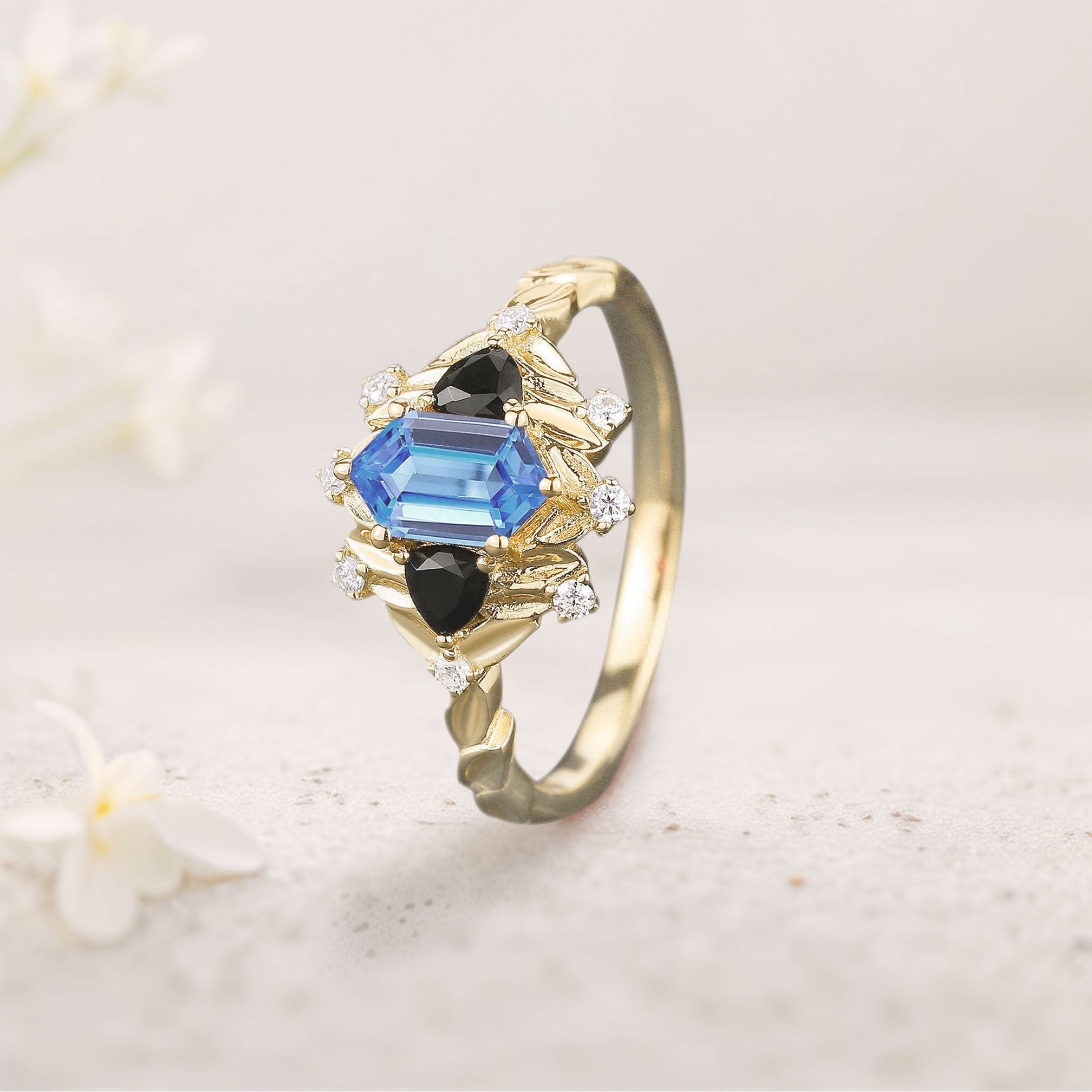 Unique Long Hexagon Lab Sapphire and Black Onyx Leaf 18K Yellow Gold Engagement Ring  Wedding Ring for Women