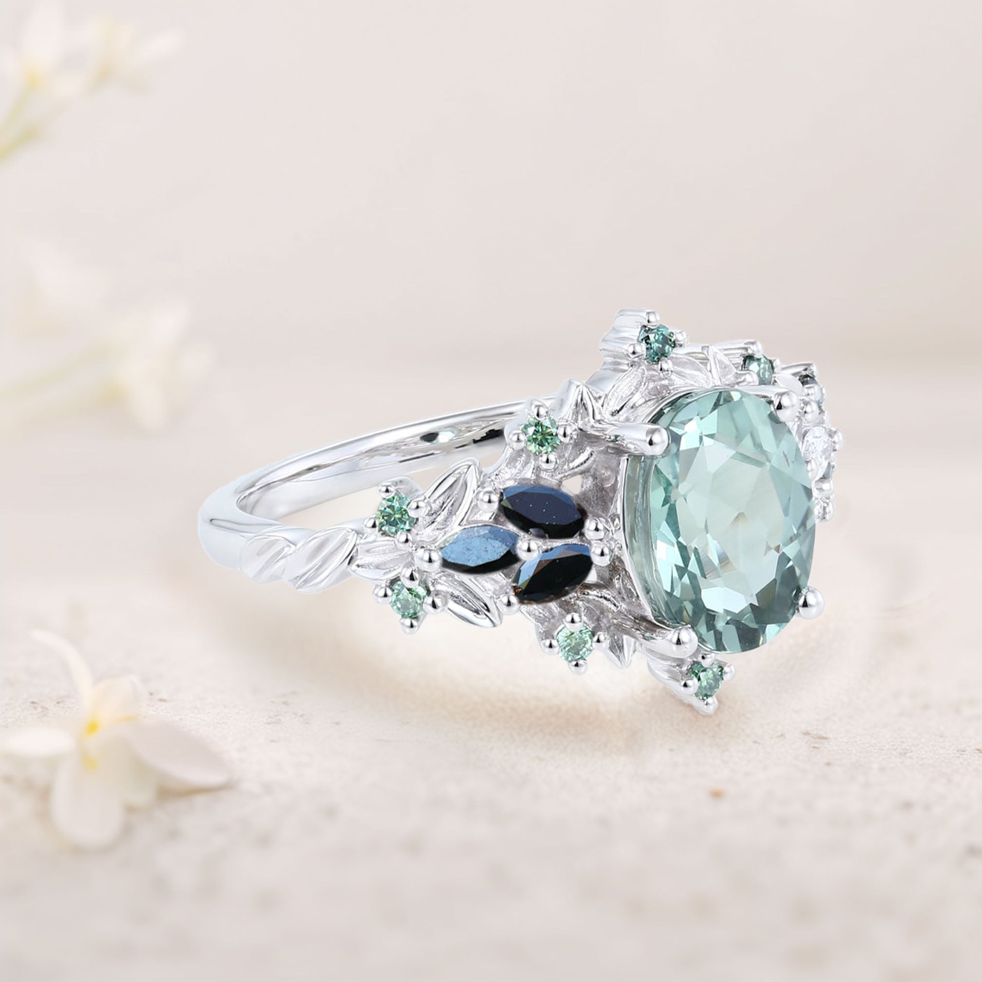 Unique Starlight Oval Green Lab Sapphire and Black Onyx 18K Rose Gold Engagement Ring