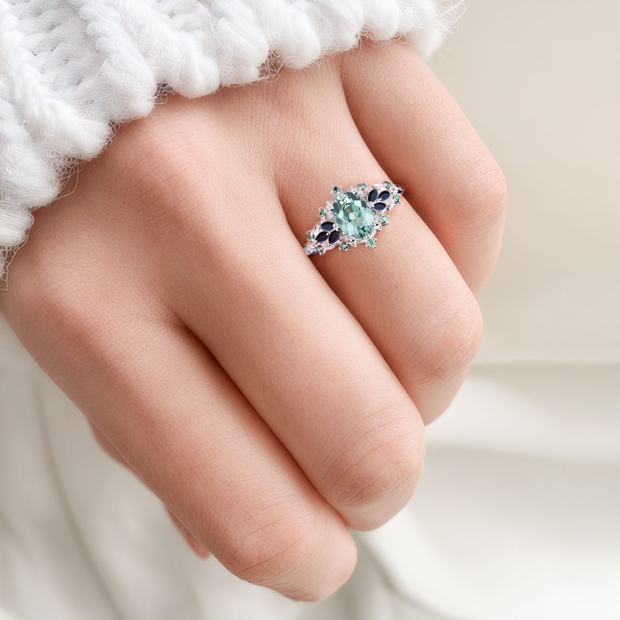 Unique Starlight Oval Green Lab Sapphire and Black Onyx 18K Rose Gold Engagement Ring