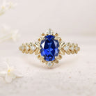 Unique Elegant Royal Blue Lab Sapphire Filigree Leaf 18K Yellow Gold Engagement Ring