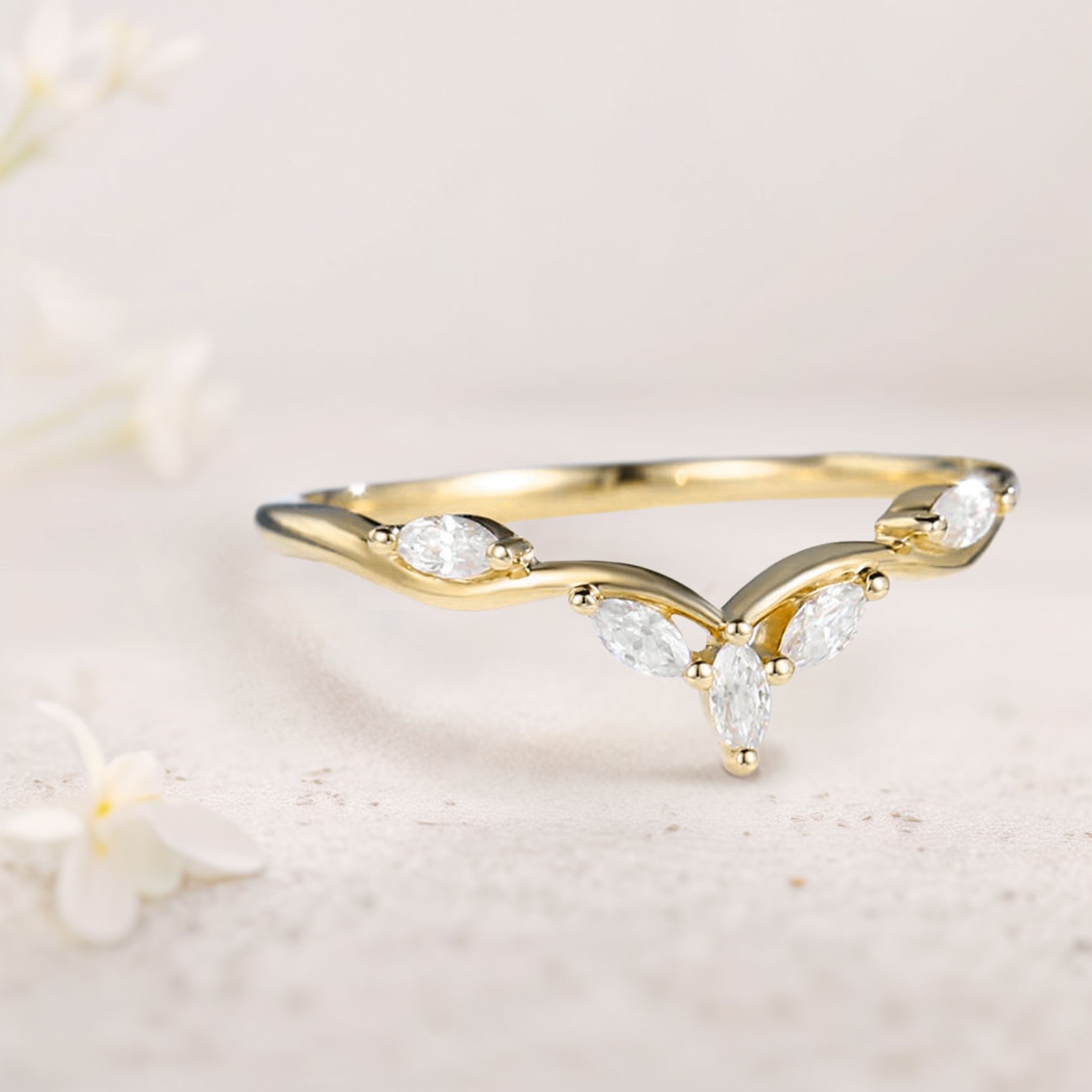 Unique Marquise Moissanite Curved Wedding Band Stacked 18K Yellow Gold Wedding Ring