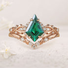 Unique Twig Kite Lab Emerald and Moissanite Bridal 18K Yellow Gold Ring Set