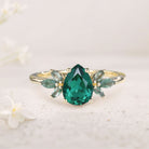 Unique Pear Lab Emerald Ring Petal Moss Agate Side Stones 18K Yellow Gold Engagement Ring 