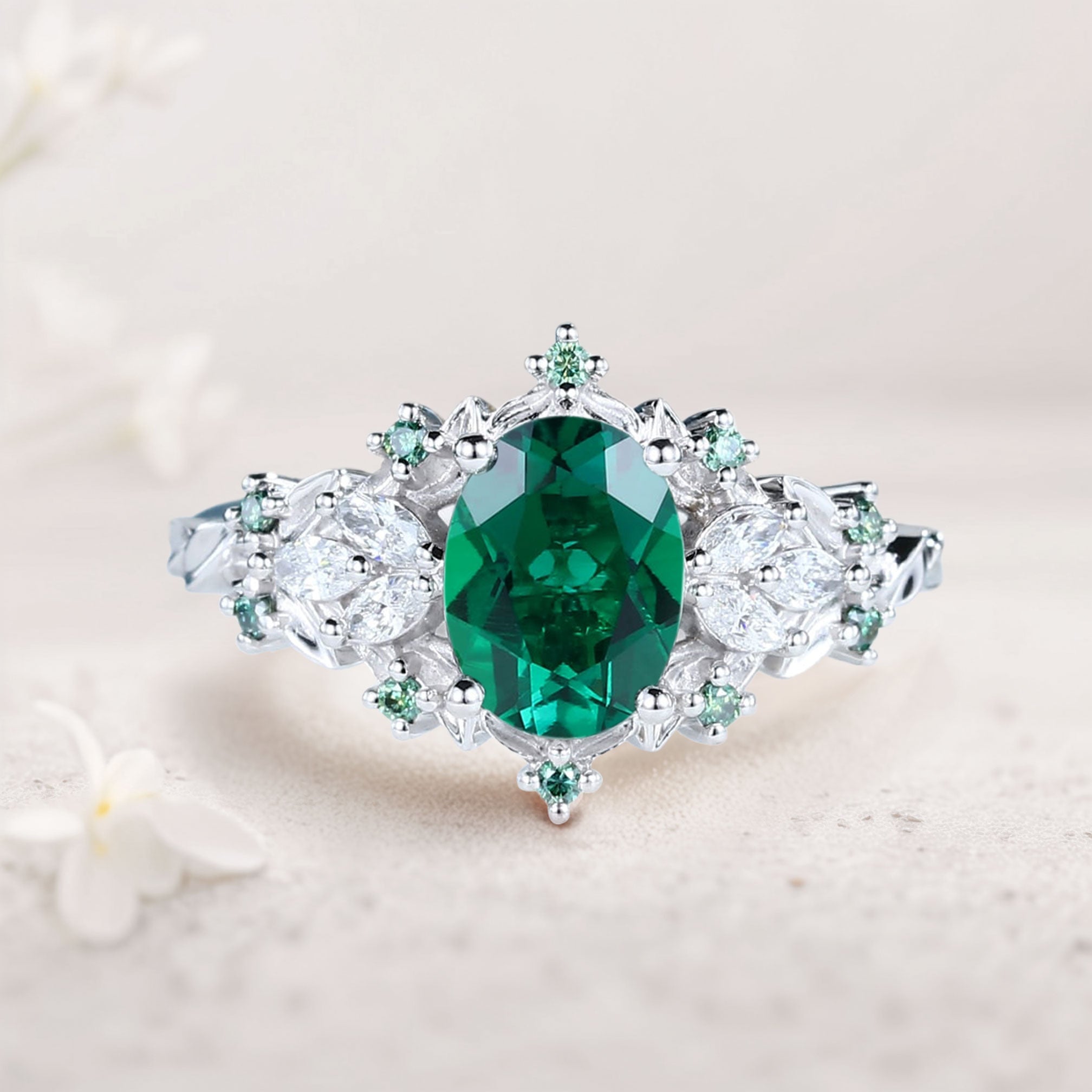 Unique Starlight Oval Lab Emerald 18K White Gold Engagement Ring