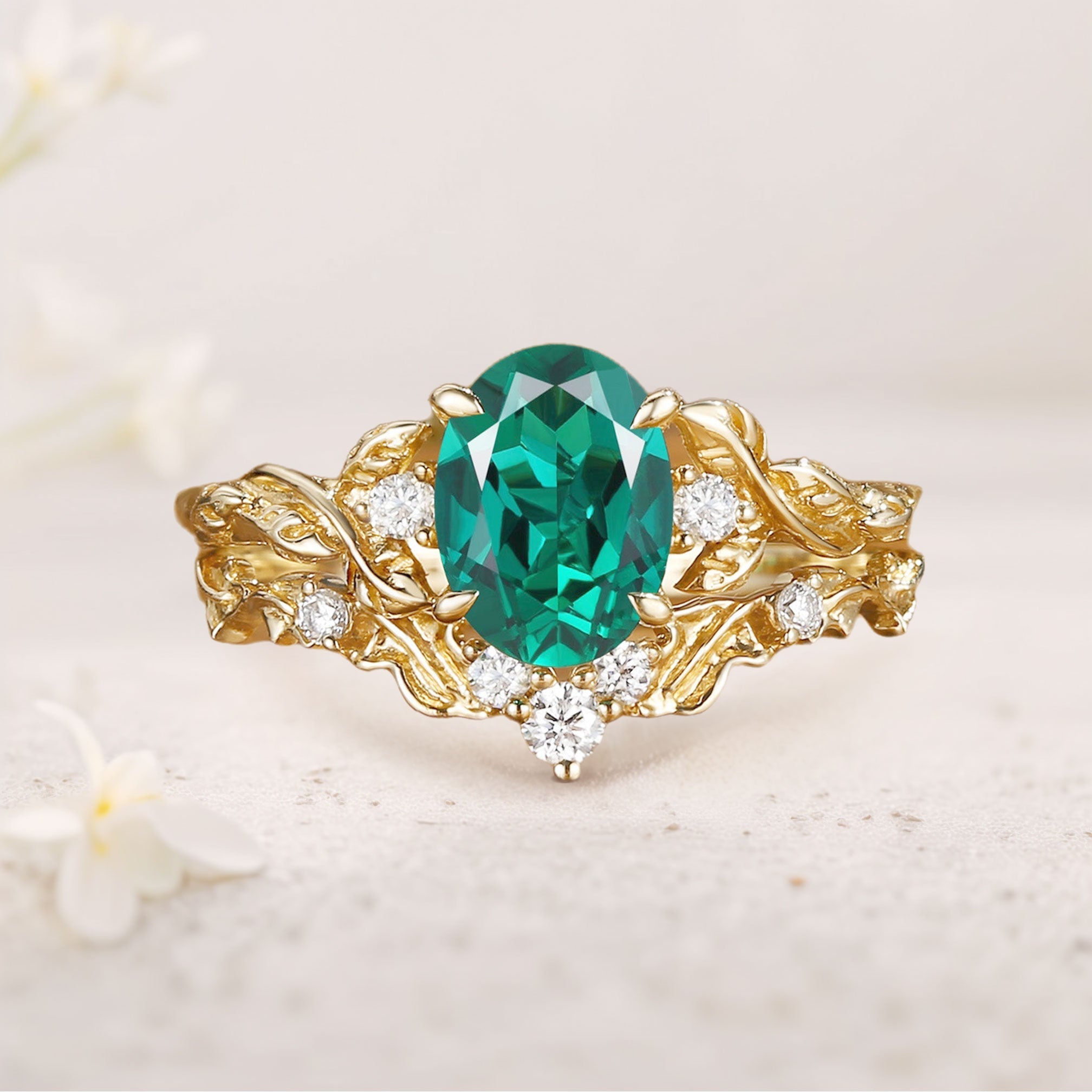 Unique floral engagement rings Oval Lab Emerald Leaf Branch 18K Yellow Gold Engagement Ring Set