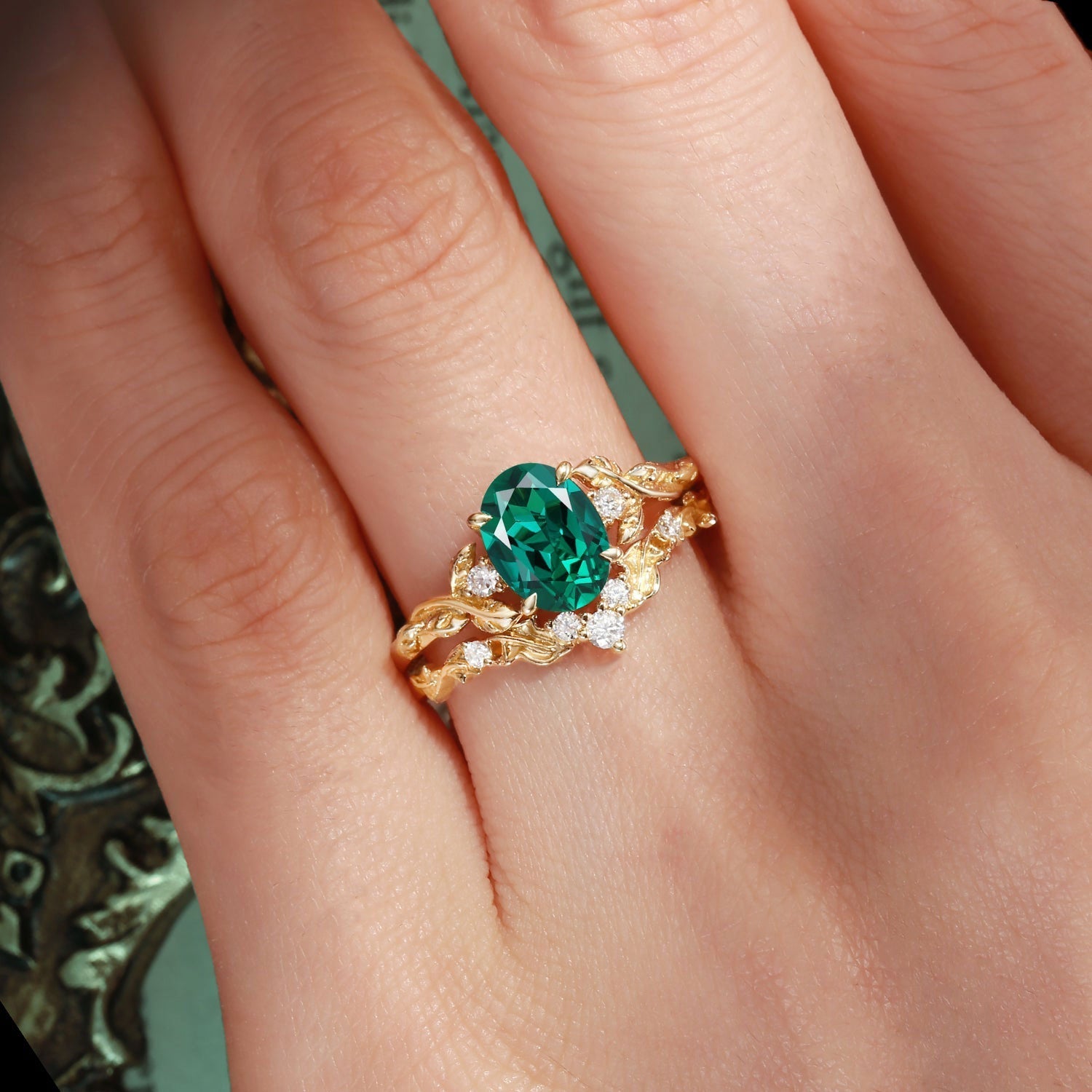 Unique floral engagement rings Oval Lab Emerald Leaf Branch 18K Yellow Gold Engagement Ring Set