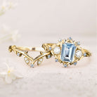 Unique floral engagement rings Emerald Cut Lab Aquamarine Floral 18K Yellow Gold Wedding Ring Promise Bridal Set