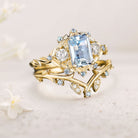 Unique floral engagement rings Emerald Cut Lab Aquamarine Floral 18K Yellow Gold Wedding Ring Promise Bridal Set
