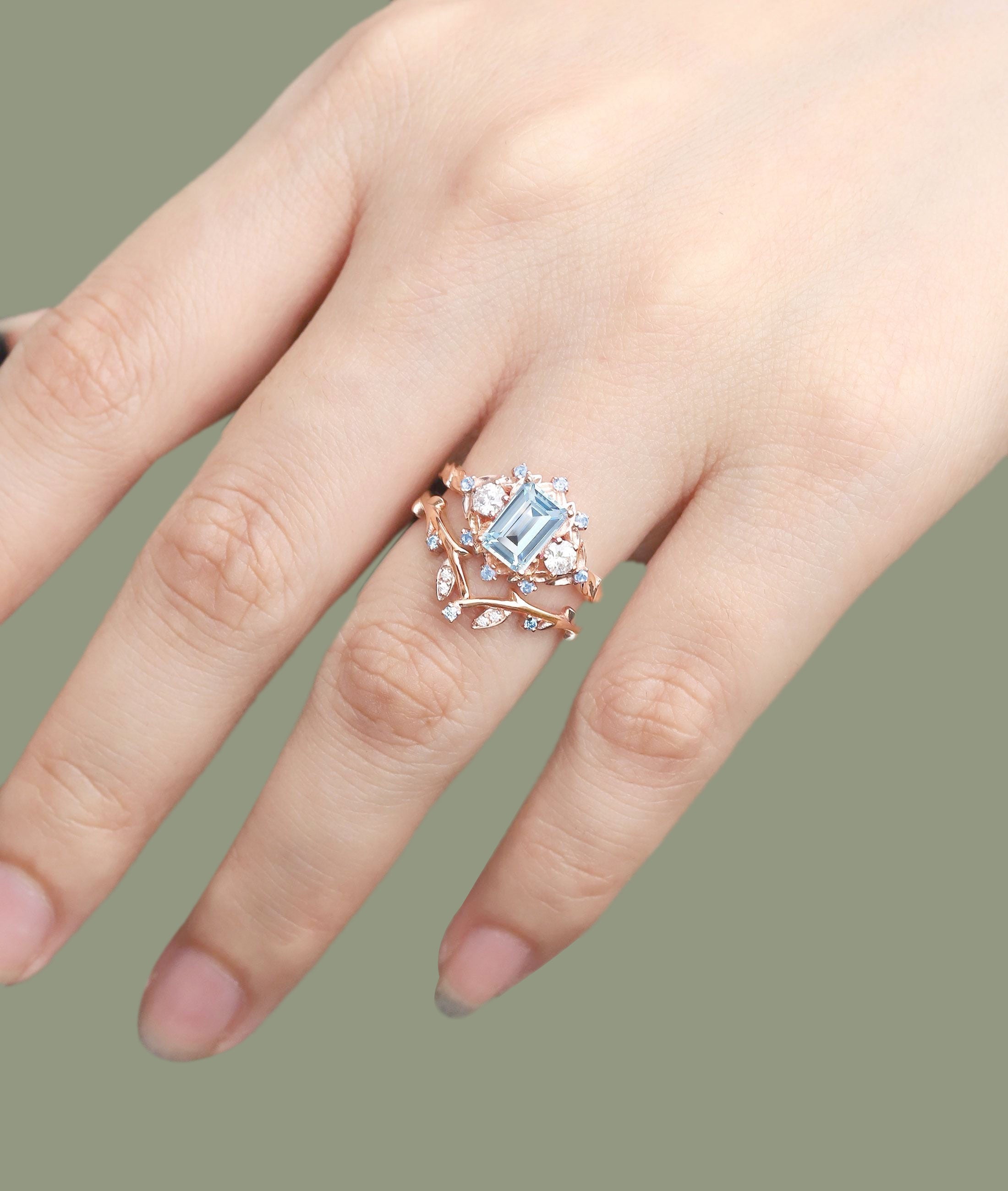 Unique floral engagement rings Emerald Cut Lab Aquamarine Floral 18K Yellow Gold Wedding Ring Promise Bridal Set